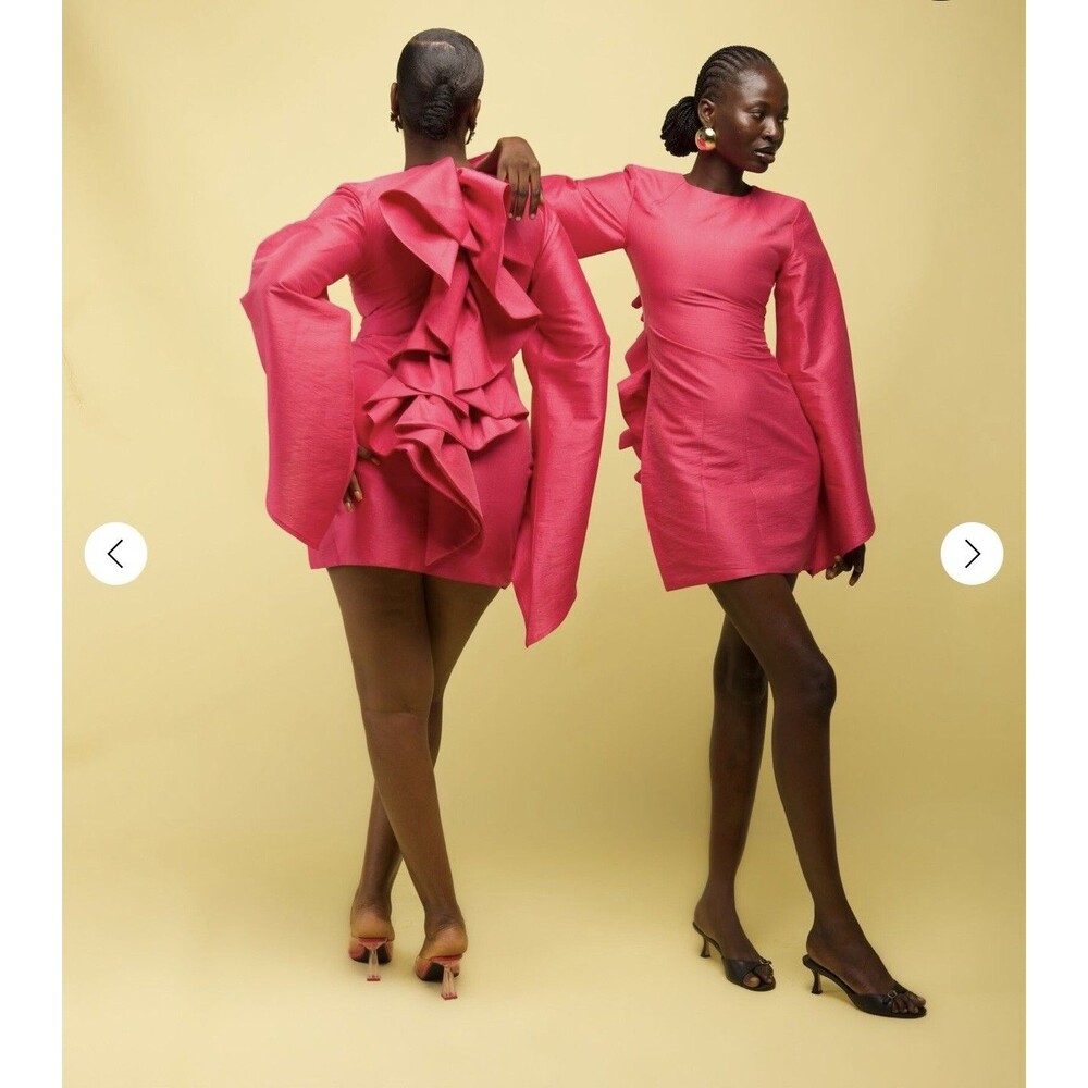 Orire Dayar Pink Ruffled Back High Neck Asymmetrical Sleeves Mini Dress U.S. 2 - Picture 3 of 7